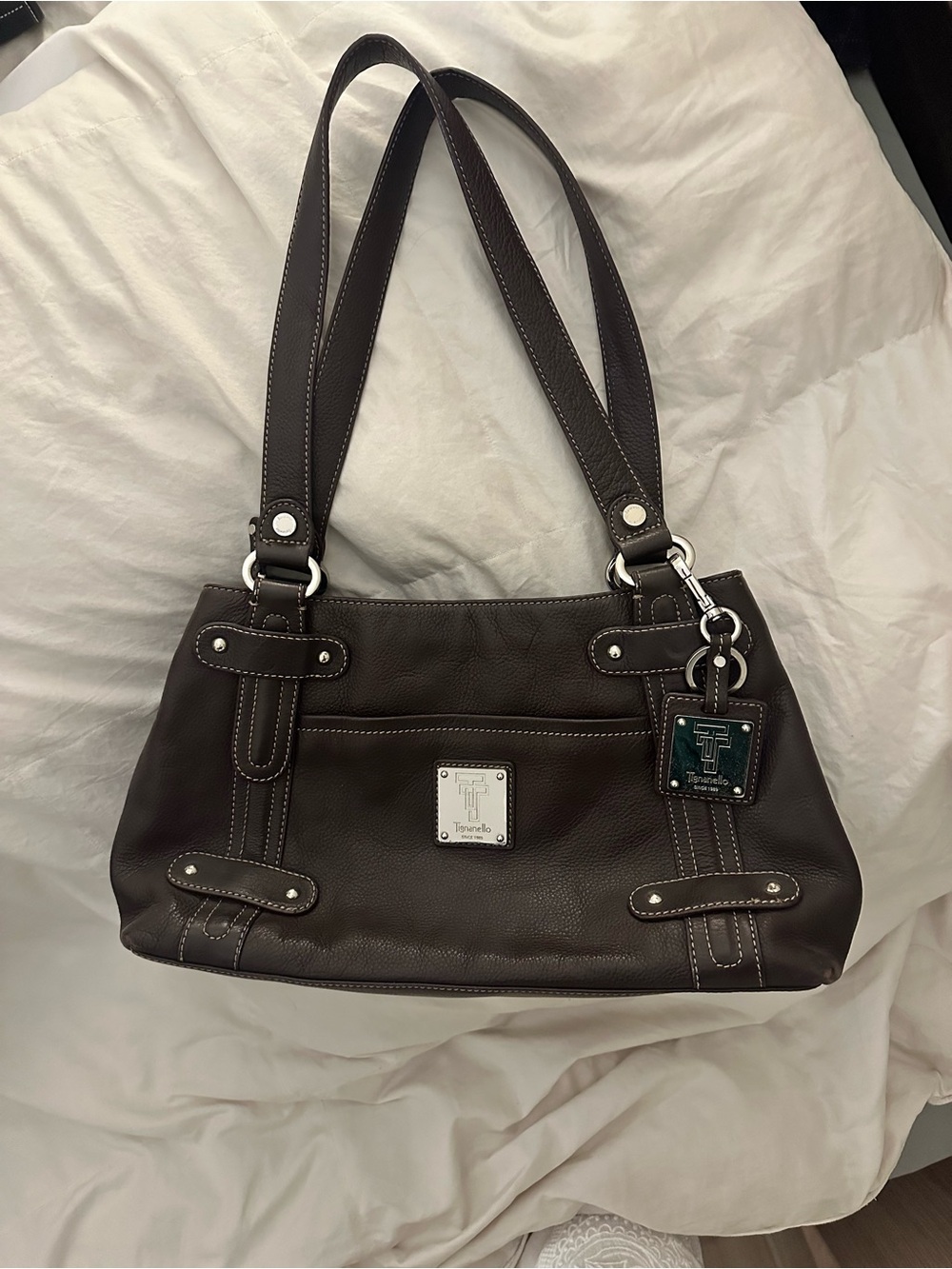 Dark Brown Leather Shoulder Bag - Branded Plaque Design